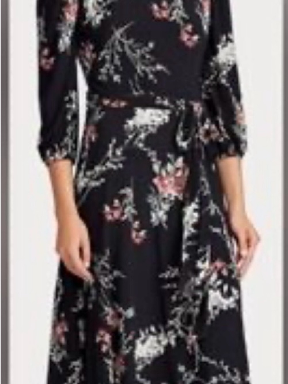 Ralph Lauren Black Floral Tie-Waist Long Sleeve Midi Dress